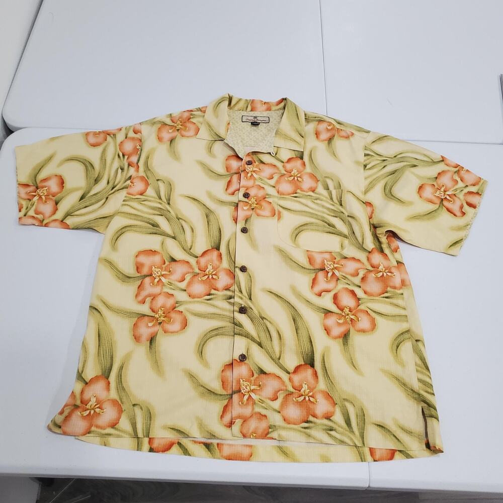 Tommy Bahama Shirt Mens Large Yellow Silk Floral Hawaiian Button Up Tropical